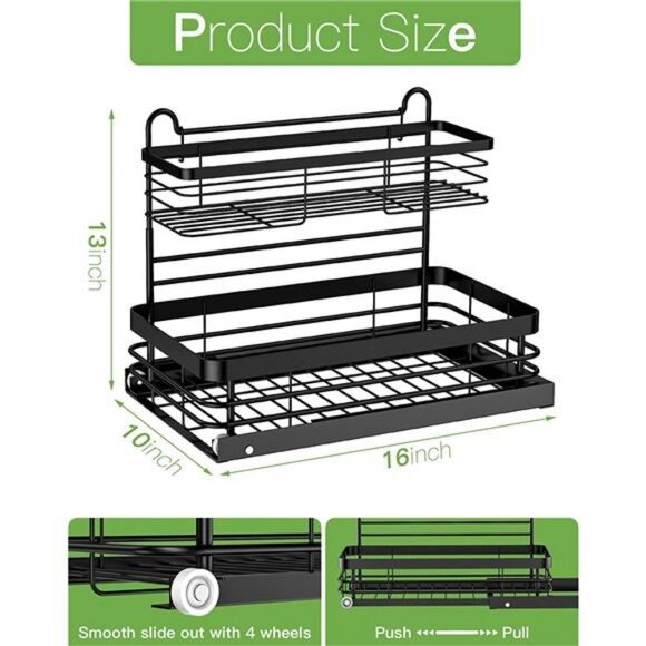 Sink Organizer and Storage, Under Sliding Cabinet Basket Organizer 2 Tire Black - Picture 4 of 7